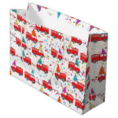 赤い消防車のパーティーパターン ラージペーパーバッグ (正面アングル)