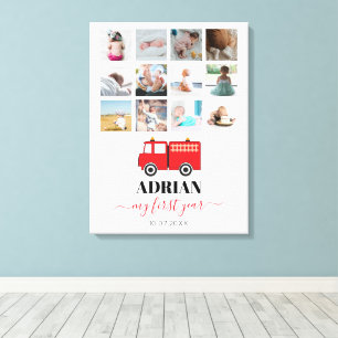 赤い消防車のベビー1年目の写真コラージュ キャンバスプリント