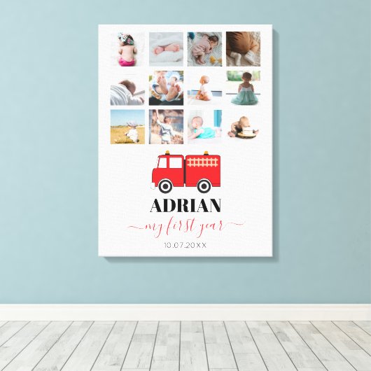 赤い消防車のベビー1年目の写真コラージュ キャンバスプリント (インサイチュ (ウッドフロア))