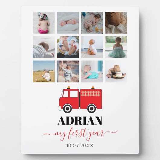 赤い消防車のベビー1年目の写真コラージュ フォトプラーク (正面)