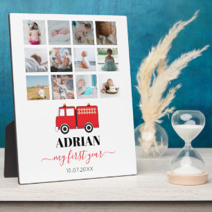 赤い消防車のベビー1年目の写真コラージュ フォトプラーク