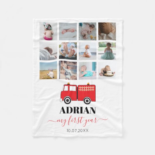 赤い消防車のベビー1年目の写真コラージュ フリースブランケット (正面)