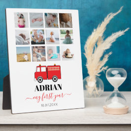 赤い消防車のベビー ファーストイヤー フォト コラージュ フォトプラーク