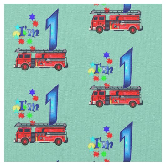 赤い消防車の子供の第1誕生日 ファブリック (クローズアップ)