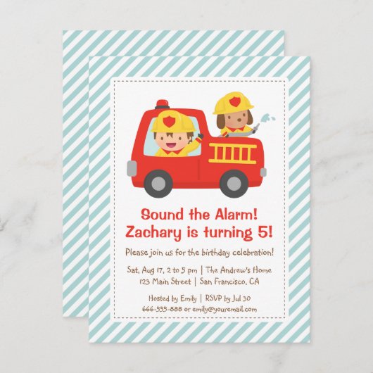 赤い消防車の戦士と犬の誕生日パーティー 招待状 (正面/裏面)