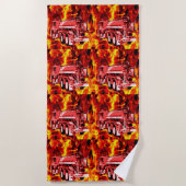 赤い消防車の油絵を描、ビーチタオル ビーチタオル (正面)