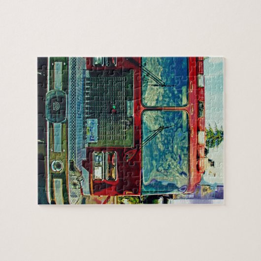 赤い消防車の消防士のアートギフト ジグソーパズル (横)