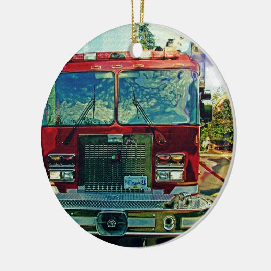 赤い消防車の消防士のアートギフト セラミックオーナメント (左)