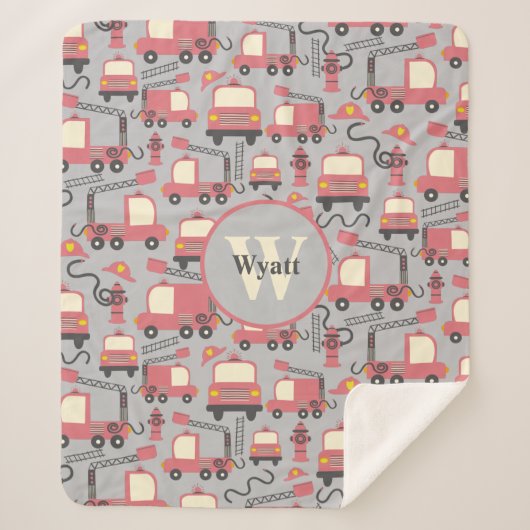 赤い消防車の消防士の子供たちパーソナライズされた シェルパブランケット (正面)