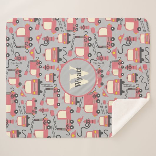 赤い消防車の消防士の子供たちパーソナライズされた シェルパブランケット (正面(横))