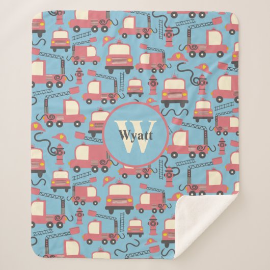 赤い消防車の消防士の子供たちパーソナライズされた シェルパブランケット (正面)