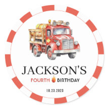 赤い消防車の消防士の男の子の誕生日シール