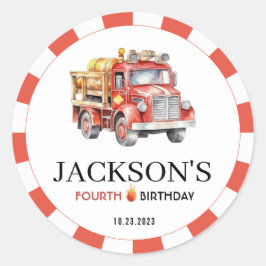 赤い消防車の消防士の男の子の誕生日シール ラウンドシール