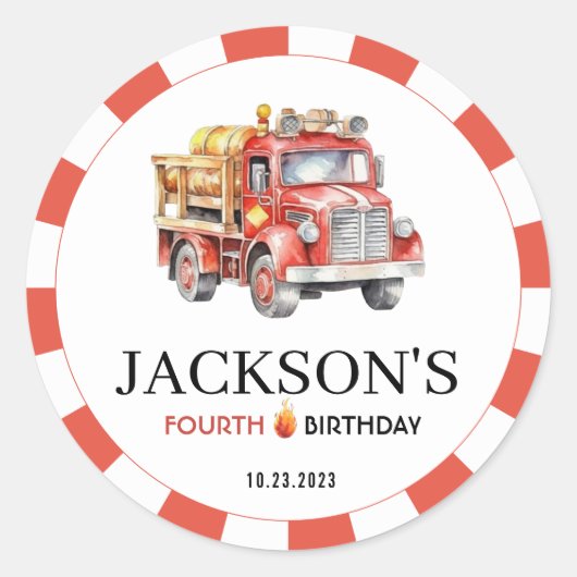赤い消防車の消防士の男の子の誕生日シール ラウンドシール (正面)