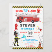 赤い消防車の消防士の誕生日パーティー 招待状 (正面)