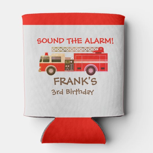 赤い消防車の消防士の誕生日パーティー 缶クーラー (裏面)
