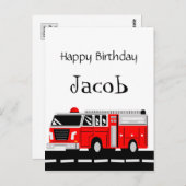 赤い消防車の消防士の警報付きバースデー用品 ポストカード (正面/裏面)