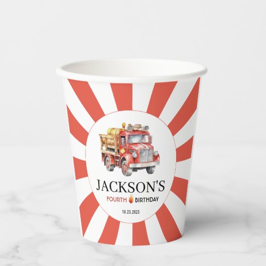 赤い消防車の男の子の誕生日パーティー紙カップ 紙コップ (正面)