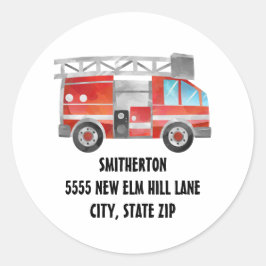 赤い消防車の白い子供の誕生日パーティーのアドレス ラウンドシール
