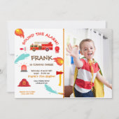 赤い消防車の誕生日パーティーの写真 招待状 (正面)