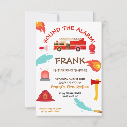 赤い消防車の誕生日パーティーの招待状 招待状 (正面)