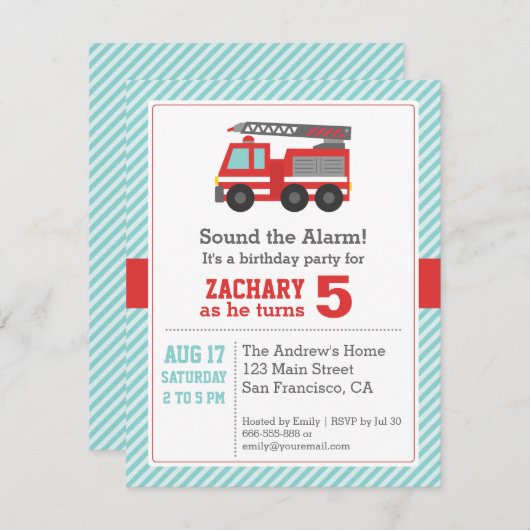 赤い消防車の誕生日パーティーの招待 招待状 (正面/裏面)