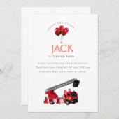 赤い消防車の誕生日パーティー サンキューカード (正面/裏面)