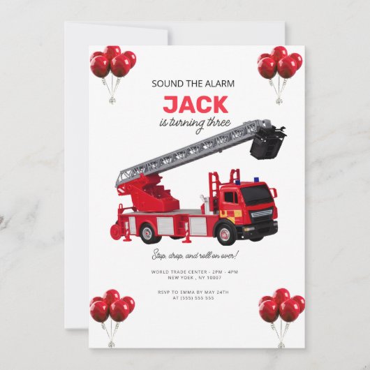 赤い消防車の誕生日パーティー 招待状 (正面)