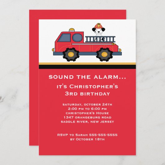赤い消防車の誕生日パーティー 招待状 (正面/裏面)