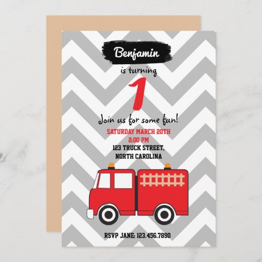 赤い消防車の誕生日招待状のための男の子または女の子 招待状 (正面/裏面)