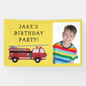 赤い消防車イエローチャイルドの誕生日写真 横断幕 (横)