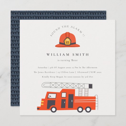 赤い消防車エンジンキッズ任意の年齢誕生日招待状 サンキューカード (正面/裏面)