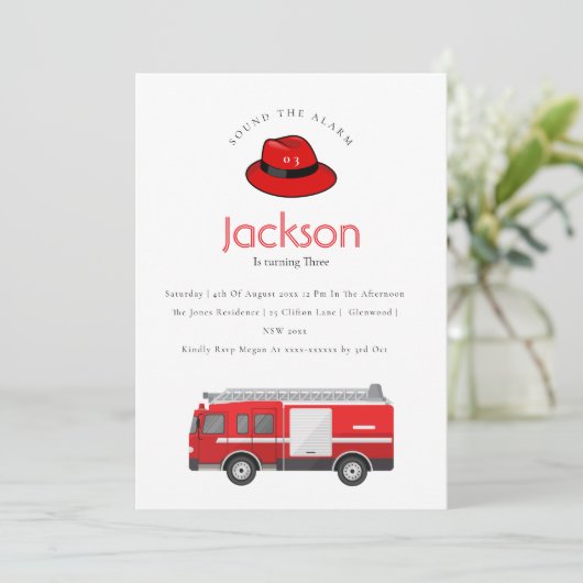 赤い消防車エンジンキッズ任意の年齢誕生日 招待状 (スタンド正面)