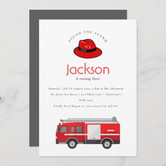 赤い消防車エンジンキッズ任意の年齢誕生日 招待状 (正面/裏面)