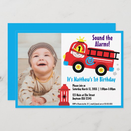 赤い消防車ハッピーファイアーマンカワイートカートゥーンスケッチ 招待状 (正面/裏面)