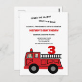 赤い消防車2枚の写真バースデーパーティーの招待 ポストカード (正面/裏面)