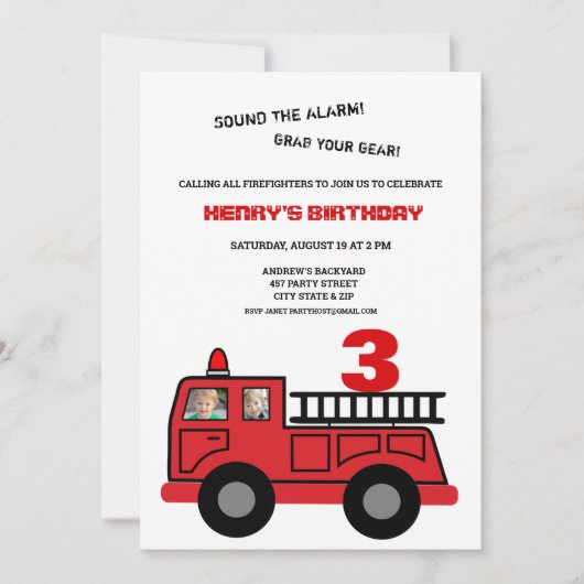 赤い消防車2枚の写真誕生日 招待状 (正面)