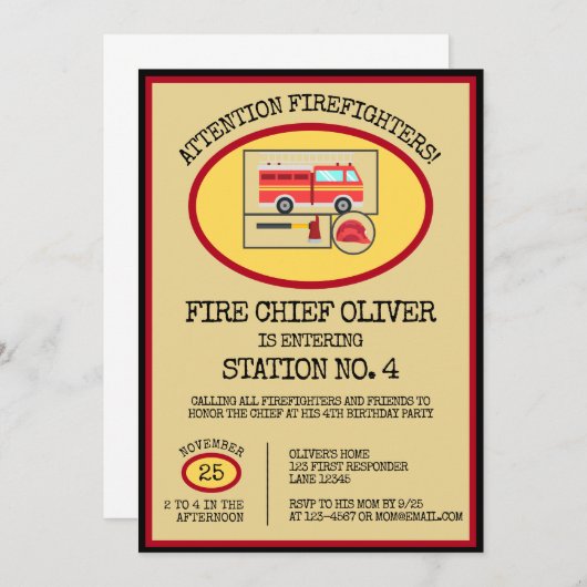 赤い消防車 |ボーイズをテーマにした誕生日 招待状 (正面/裏面)