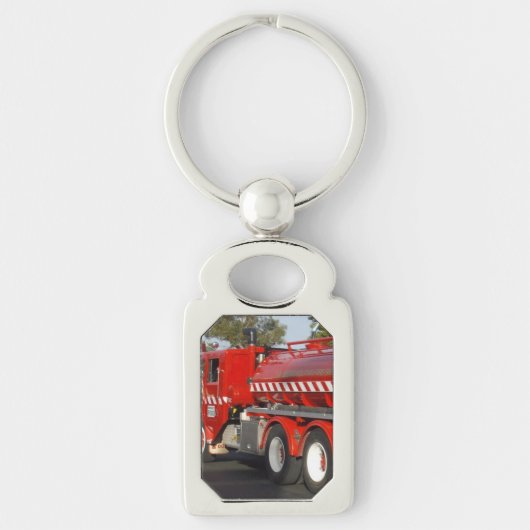 赤い消防車、長方形メタルキーリング キーホルダー (正面)