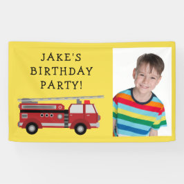 赤い消防車 黄色い子供の誕生日写真 横断幕