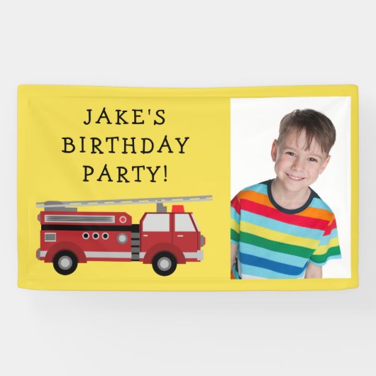 赤い消防車 黄色い子供の誕生日写真 横断幕 (横)