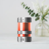 赤い液体とモノグラムを持つ派手なアルミボックス 名刺 (スタンド正面)