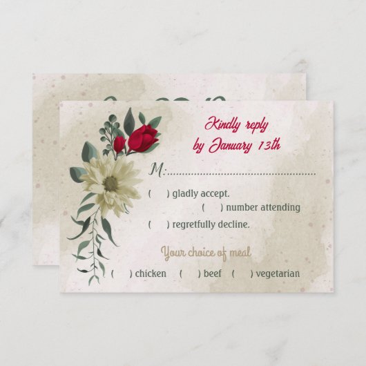 赤い淡い色の黄色の花の植物性の食事の選択 出欠カード (正面/裏面)