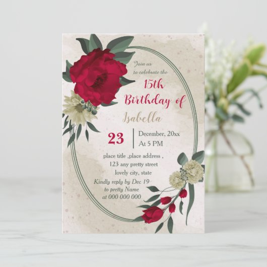 赤い淡い色の黄色の花植物誕生日 招待状 (スタンド正面)