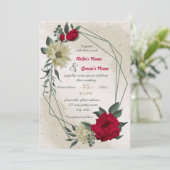 赤い淡い色の黄色の花結婚幾何学模様 招待状 (スタンド正面)