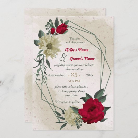 赤い淡い色の黄色の花結婚幾何学模様 招待状 (正面/裏面)