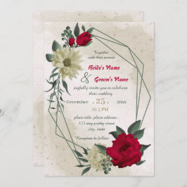 赤い淡い色の黄色の花結婚幾何学模様 招待状