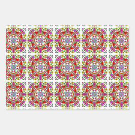 赤い深紅色とカラフル花誕生日 ラッピングペーパーシート