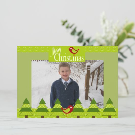 赤い深紅色とクリスマスツリーのフォトカード シーズンカード (スタンド正面)