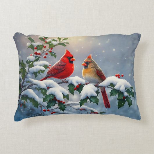 赤い深紅色とホリーが雪の中 アクセントクッション (正面)